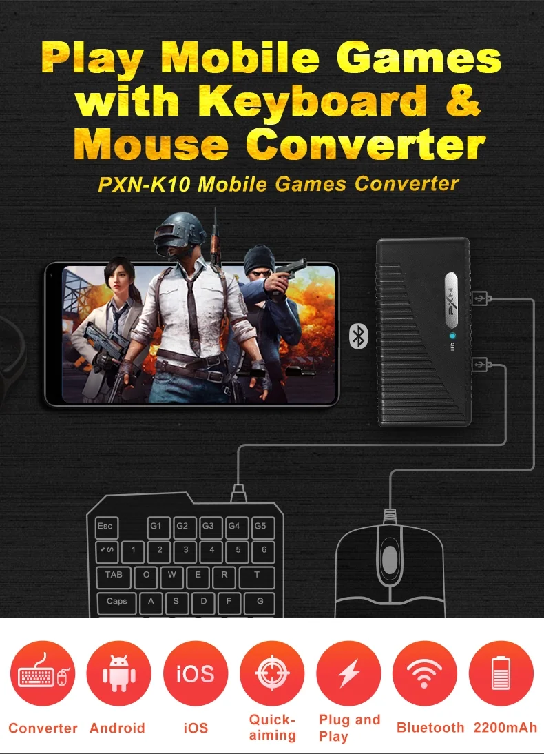  PXN-K10 Upgrading 2200 mAh Mapping Bluetooth Mouse controller Keyboard Adapter for iOS Android for 