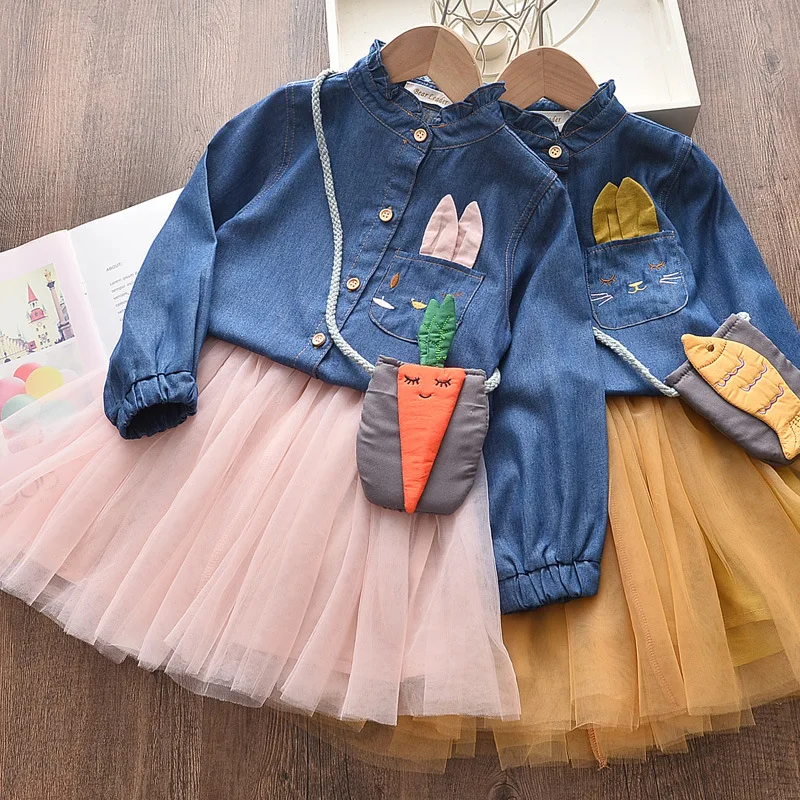 Animal Cat Applique Girls Dress Autumn Winter Cartoon Denim T-shirt with mesh 2Pcs for Girl Suits Children Clothing | Детская одежда и