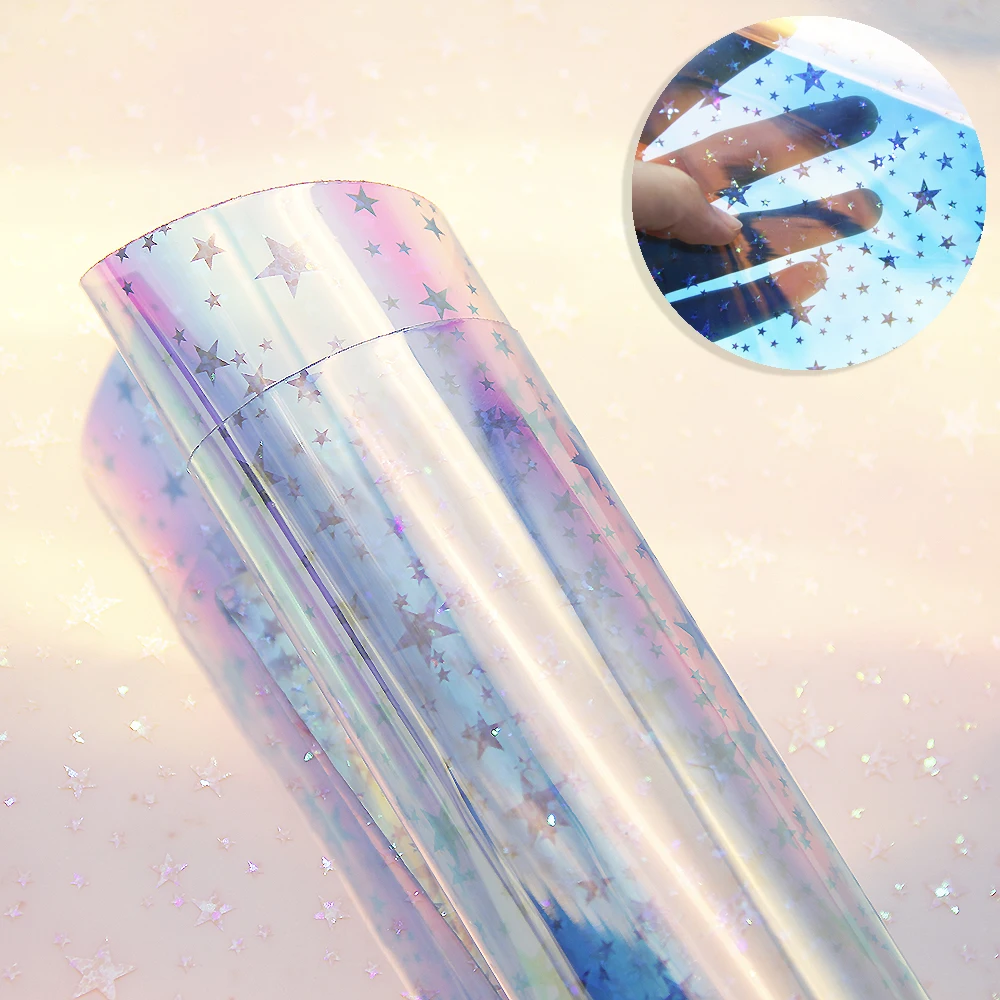 

New 20*34cm Smooth Transparent Dot Star Laser Artificial Synthetic Leather For Hair Bow DIY Projects Handbag Shoes,1Yc7247