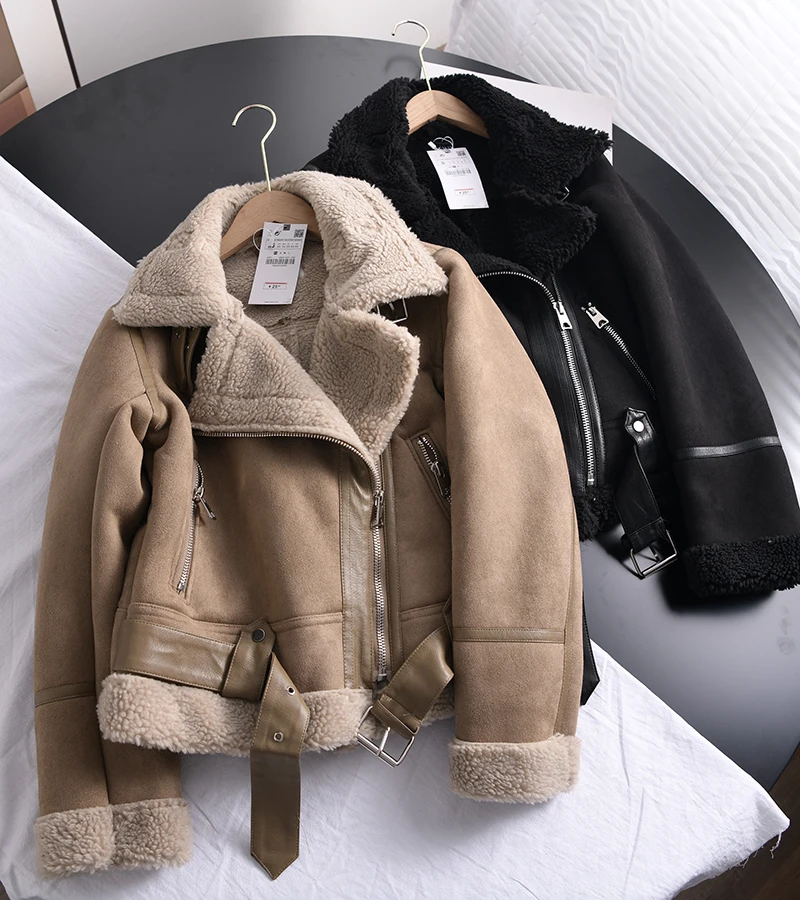 Ailegogo Winter Women Thick Warm Suede Lamb Jacket Short Motorcycle Brown Coats Faux Shearling Sheepskin Leather Jackets Outwear