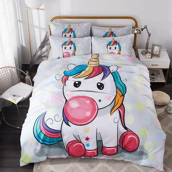 

3D Cartoon Unicorn Kids Bedding Set Rose Floral Duvet Cover Pillowcases Girl Boy Home Textile Polyester Bedclothes 2/3pcs