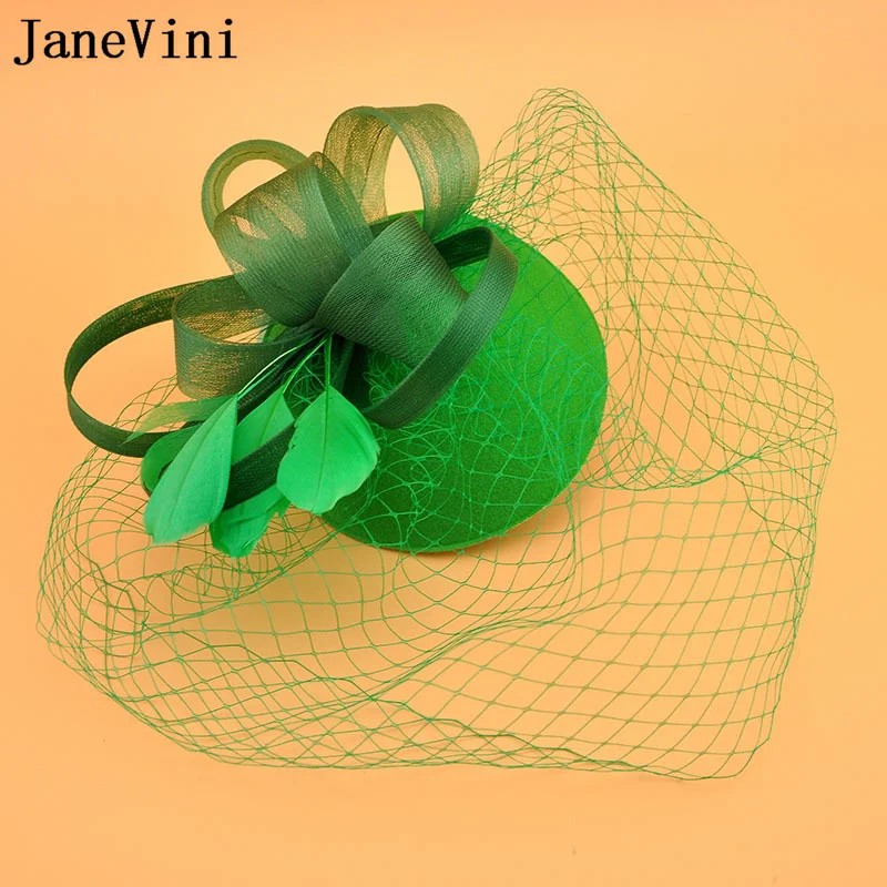 JaneVini Navy Blue Bridal Hair Pieces Vintage Birdcage Net Bride Hats Feather Women Fascinators Face Veils Wedding Hats Headwear