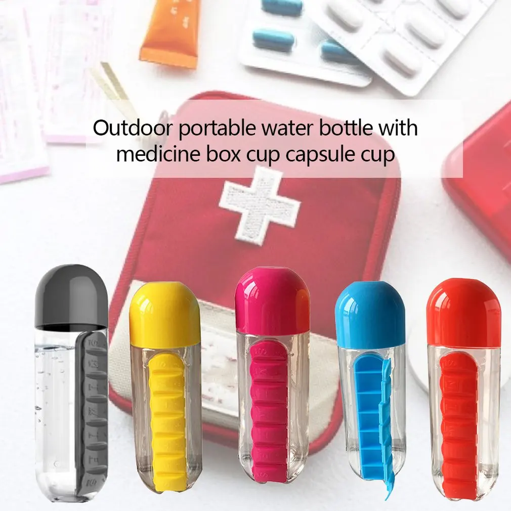 Outdoor Carrying Convenient Two-in-one Plastic Single-layer Cylindrical Water Bottle With Medicine Box Capsule Cup