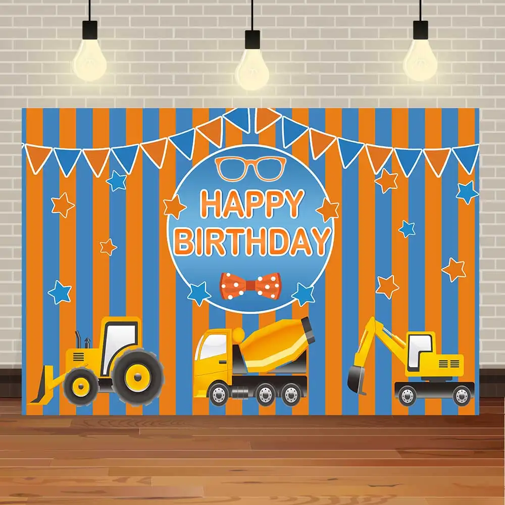 

NeoBack Happy Birthday Baby Shower Game Truck Excavator Blue Boy Ribbon DIY Party Banner Photo Backdrop Photography Background