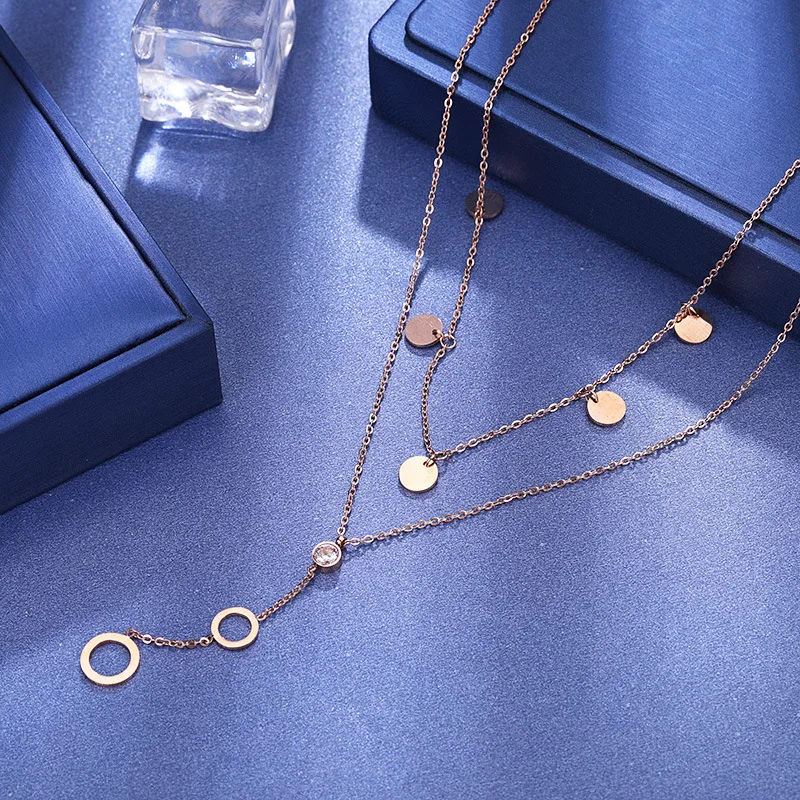 

JeeMango Titanium Steel Bohemia Double Layer Geometric Necklace For Women Rose Gold CZ Crystal Clavicle Chain Necklace RN02327