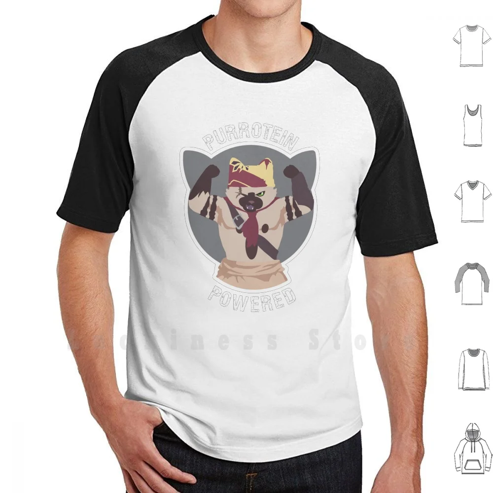 Purrotein Powered (Bianco) T Shirt Stampa Per Uomo Cotone New Cool Tee Monster Hunter Chef Palestra Muscolare Videogiochi Gatto