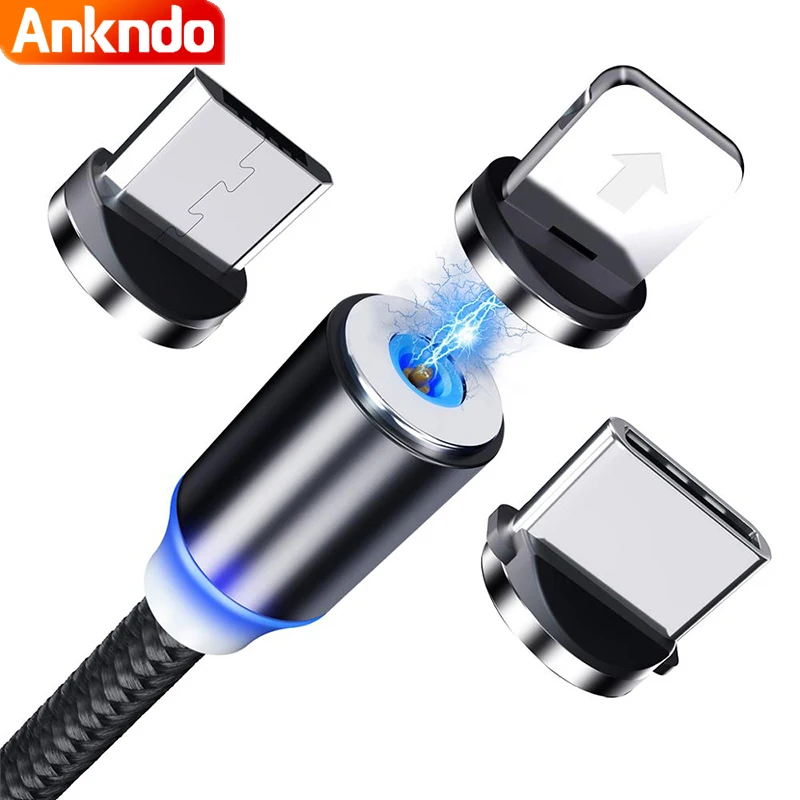ANKNDO-Cable USB magnético, Cable Micro USB C LED de 1m y 2m, Cable de carga rápida para iPhone, Xiaomi, cargador de teléfono móvil tipo C