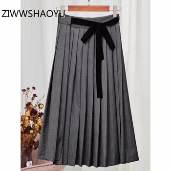 

ZIWWSHAOYU Summer Female Fashion Dark Grey Office Midi Skirt Runway Designer Women Bow Belt Elegant Pleated Skirts 2020