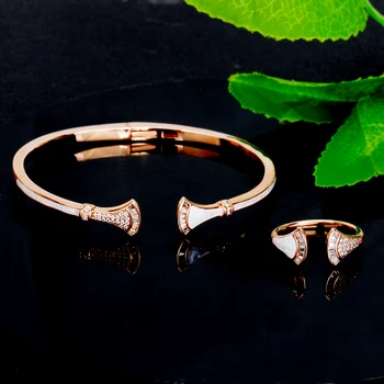 

BrideTalk 2020 NEW Trendy Petaloid Bangle Ring for Women Abalone Shell Zirconia Wedding Divas' Dream Bracelet Set Dubai Jewelry