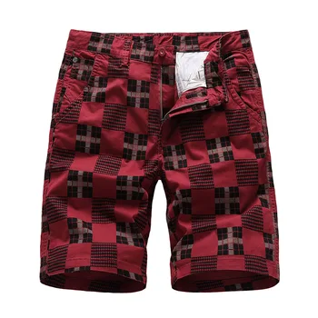 

Men Pure Cotton Middle Waist Grid 5 Points Pants Big Code Leisure Beach Shorts Male
