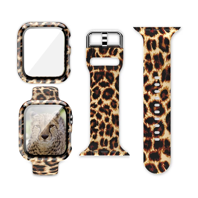 Case+Bands for Apple Watch Band 44 40 42 38mm with Screen Protector Cover, Glass+Silicon Wristband Strap for iWatch SE 654321 Black Leopard