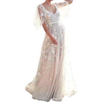 

New Dresses Woman Party Night Sexy Lace V-neck Halter Dress Five Sleeve V-neck Women Party Dress Boho Women Clothes Fashion 2019