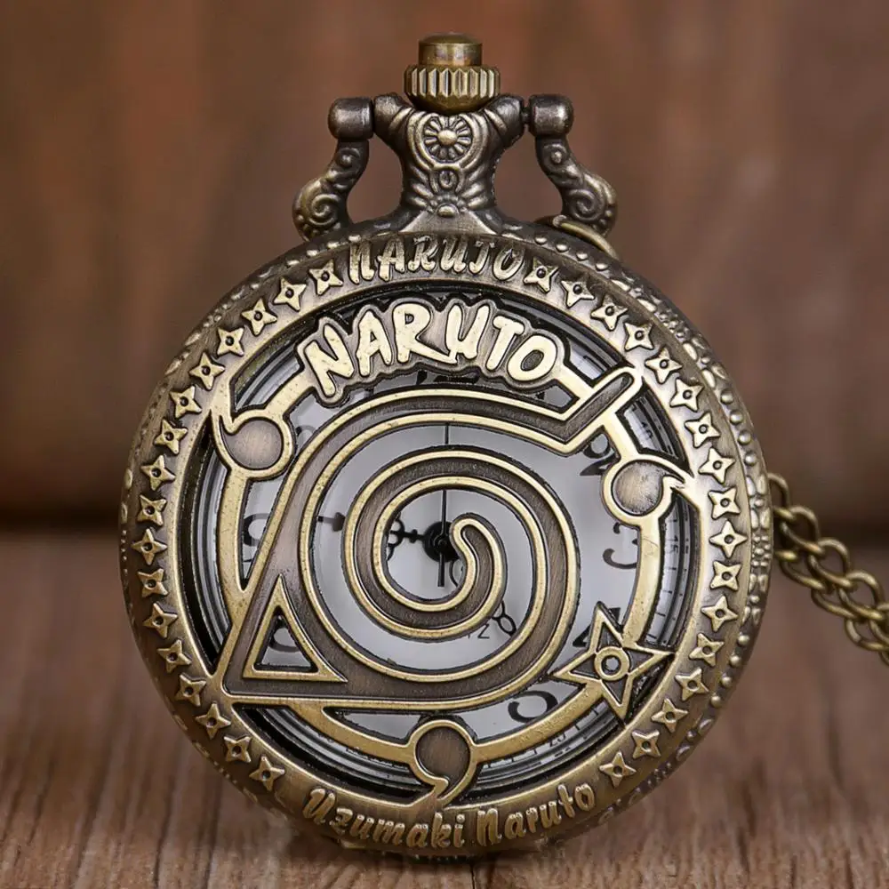 

New Bronze Naruto Pocket Watch Skull Steampunk Hollow Quartz Pocket Watches With Necklace Chain Men Women Gift relogio de bolso