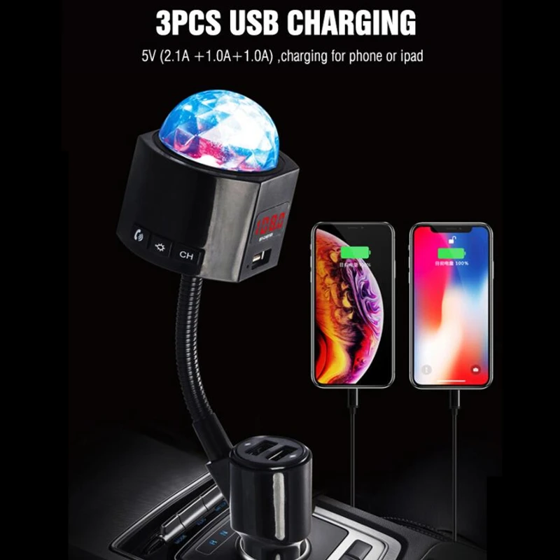 

Car FM Transmitter Starry Sky Disco Light Three USB Charger Bluetooth Car Kit With Music Player Hands-Free Detachable