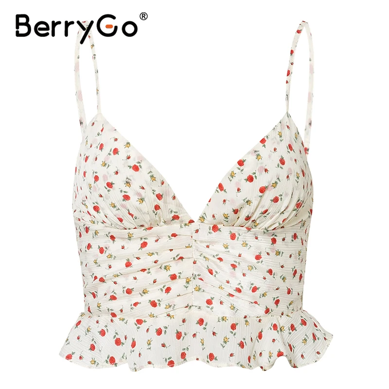 BerryGo сексуальный укороченный топ на бретельках, Женский винтажный топ с рюшами, женские летние топы на бретельках, богемный цветочный принт, v-образный вырез, рубашка, Топ - Цвет: Черный