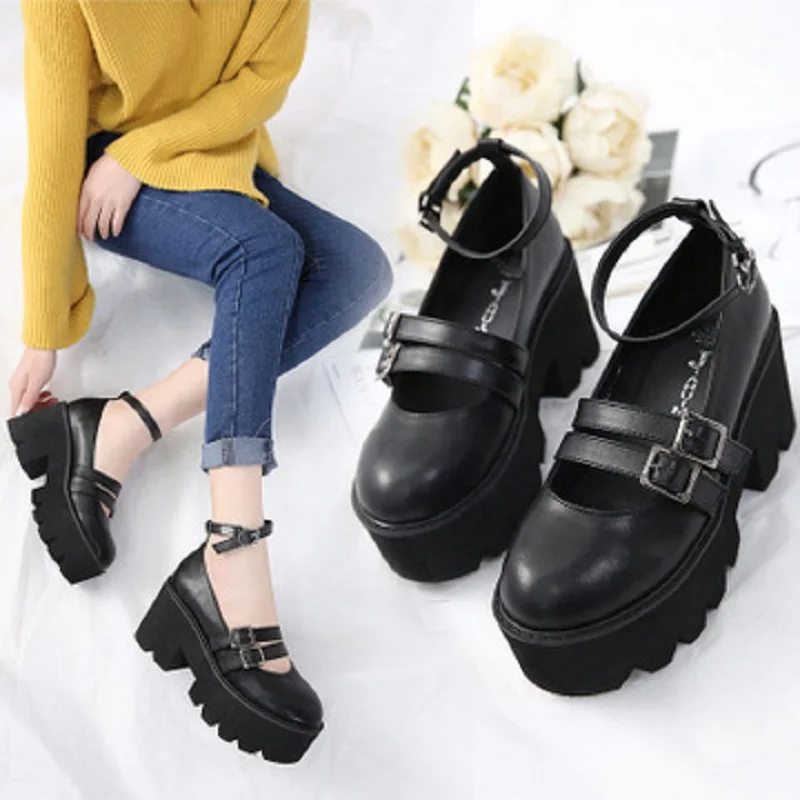 

Gtime Casual Shoes Women High Heels Platform Wedge Chunky Heel Preppy Style Buckle Ankle Strap Student Shoes(Small Size) SXYZ334