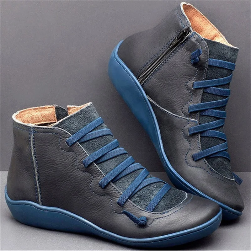 Женские ботильоны из искусственной кожи; зимние ботинки; Осенняя обувь на плоской подошве; женская обувь; Короткие Плюшевые Винтажные ботинки с перекрестными ремешками в стиле панк; Mujer Botas - Цвет: B blue