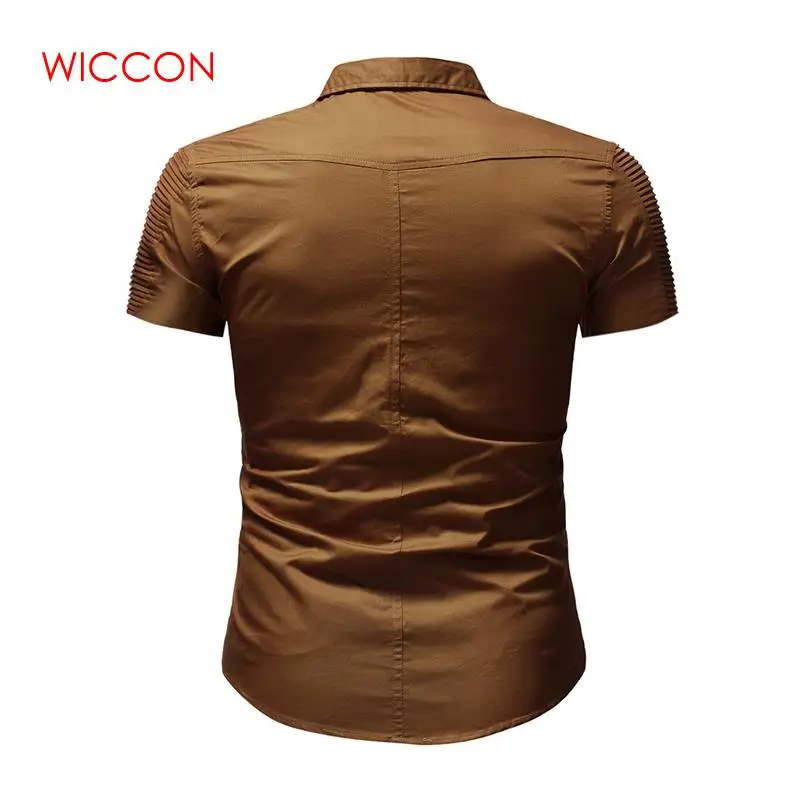 New Men Summer Fashion Short Sleeve Pocket Button Turn-down Collar Shirt Military Casual Slim Fit Male Denim Shirt Tops