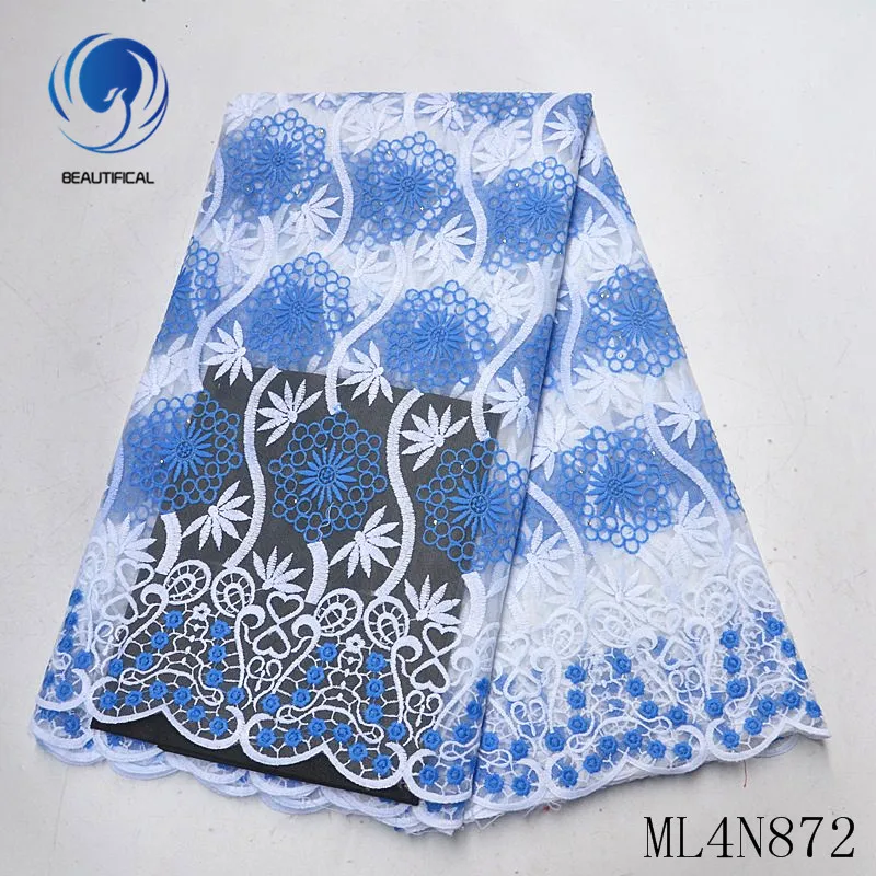 Beautifical african lace fabrics Latest design blue mix white embroidery tulle fabric 5yards nigerian ML4N872 | Дом и сад