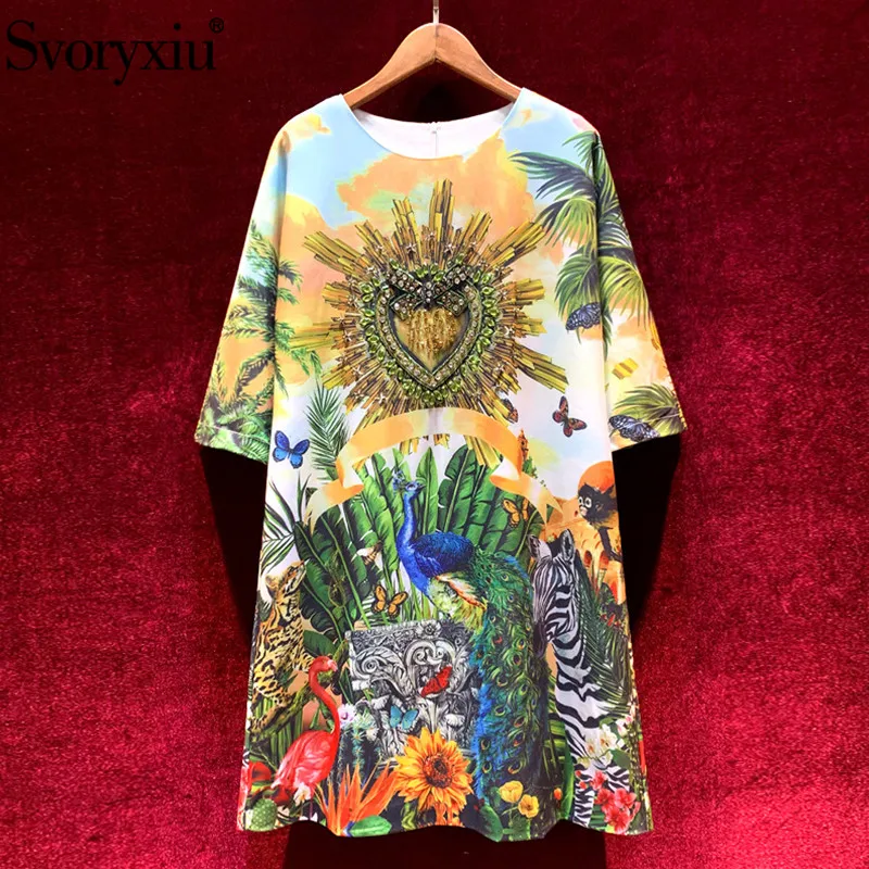 Svoryxiu luxury Runway Autumn Winter Loose Short Dress Women's Fashion Half Sleeve Diamond Hand Painted Animal Printed Dresses Svoryxiu luxury Runway Autumn Winter Loose Short Dress Women's Fashion Half Sleeve Diamond Hand Painted Animal Printed Dresses