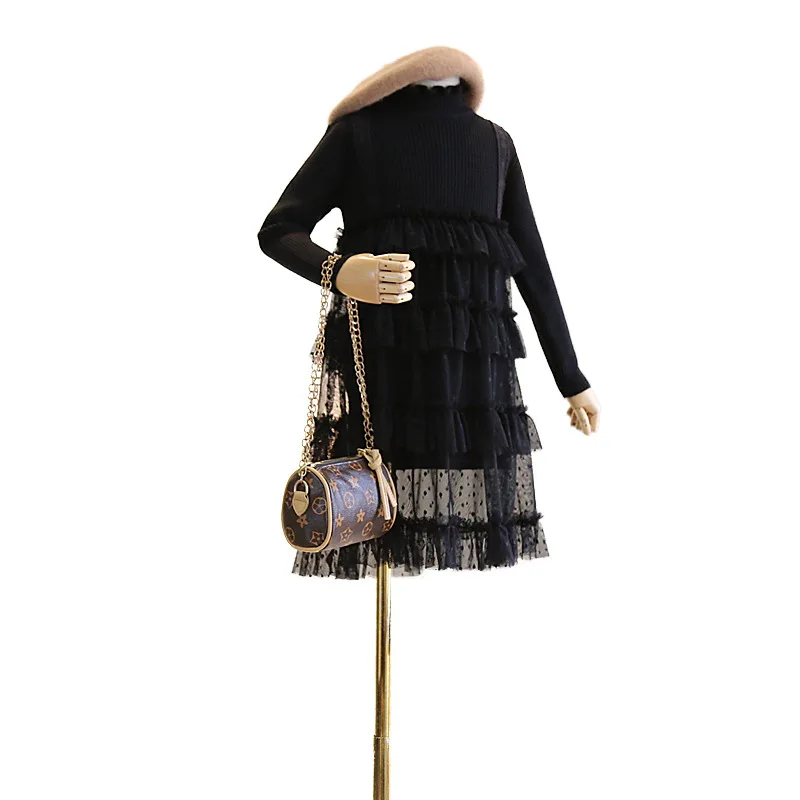 

Children's wear 2019 autumn and winter new girls' sweet knitted stitching layered wave dot mesh knit dress