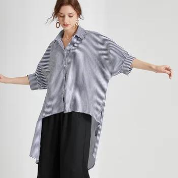 

WOMENGAGA 2020 Summer New Large Size Bloue Womens Irregular Striped Casual Loose Fashion Single-breasted Streetwear A154