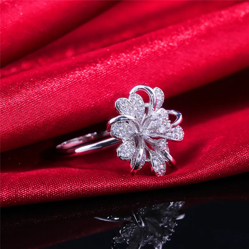 Fashion Ladies Crystal Big Flower Zircon Ring Luxury Silver Filled Love Finger Ring Unique Promise Wedding Rings For Women