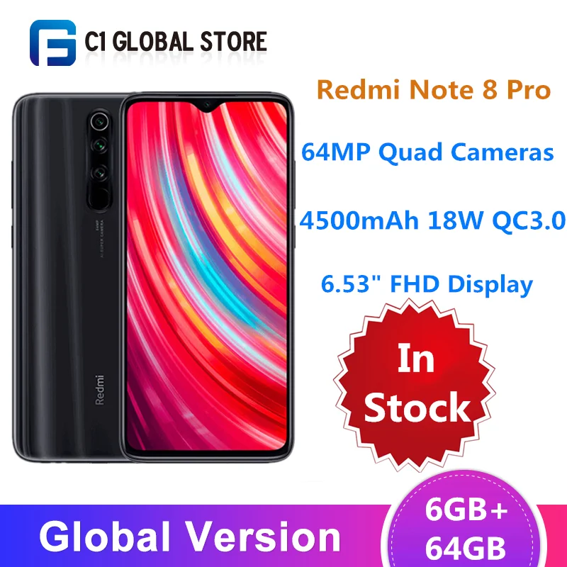 Мобильный телефон Xiaomi Redmi Note 8 pro с глобальной версией, 6 ГБ, 64 ГБ, Восьмиядерный процессор MTK Helio G90T, FHD экран 6,53 дюйма, четыре камеры 64 мп, NFC