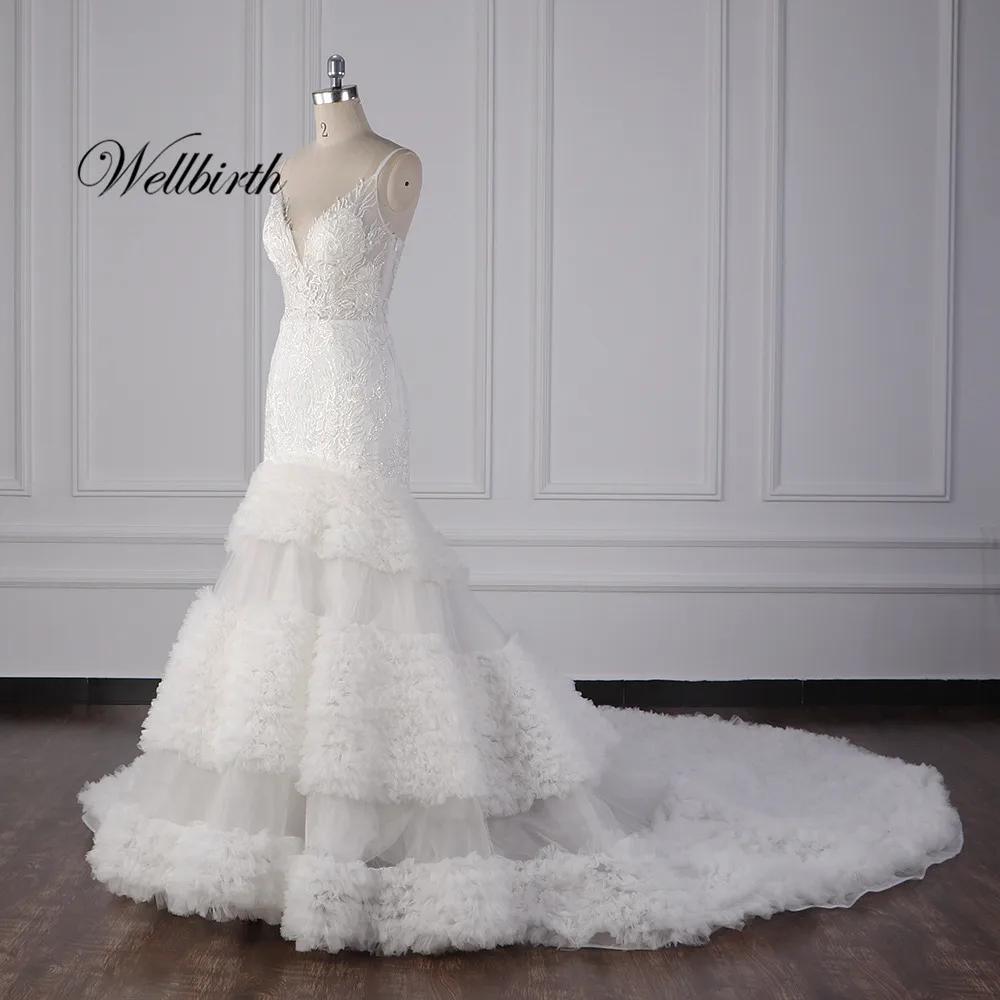 Реальное изображение Wellbirth Vestido de novia v-образным вырезом платье-Русалка на тонких бретельках свадебное платье кружева Спина подвенечное платье js003