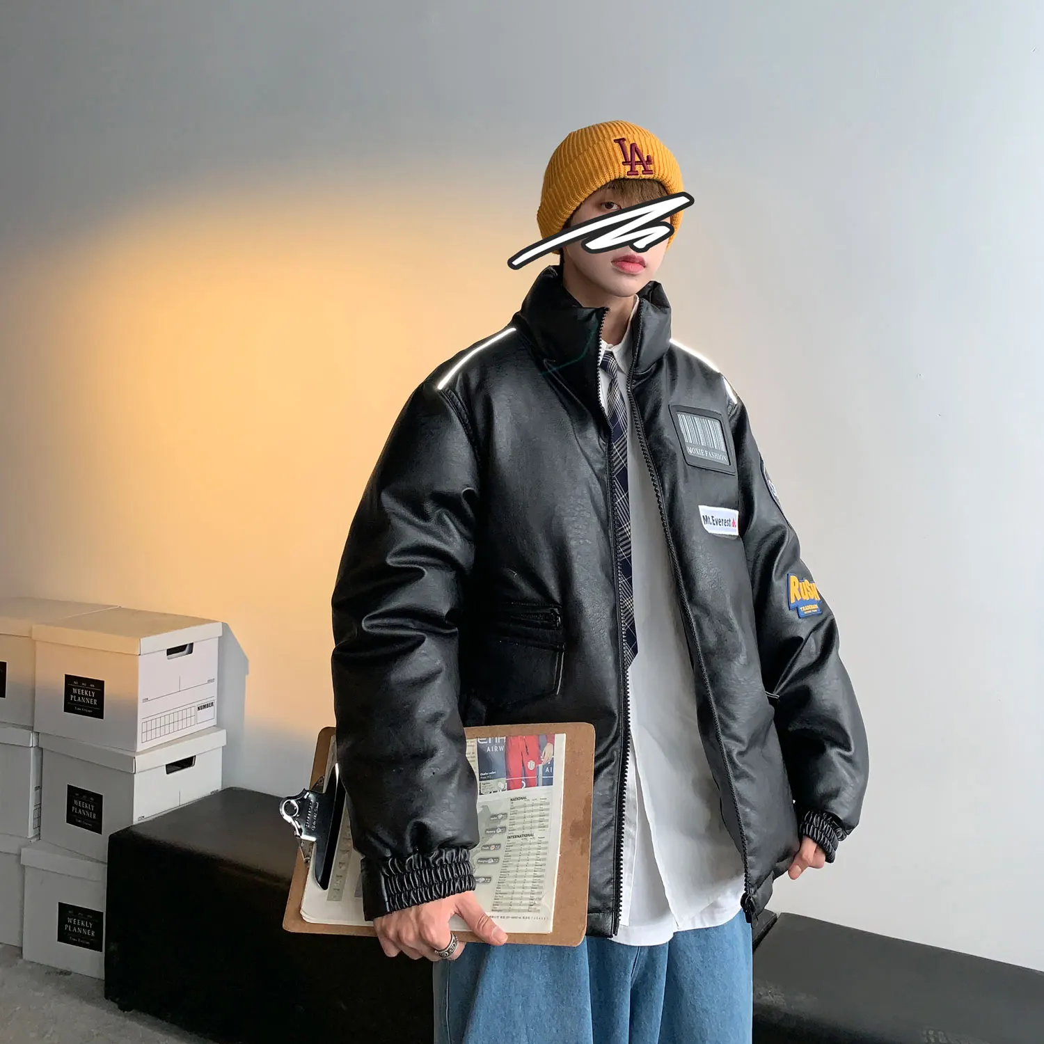 Winter new short warm lovers loose down jacket men's PU leather leisure thickened tide brand student standing collar jacket