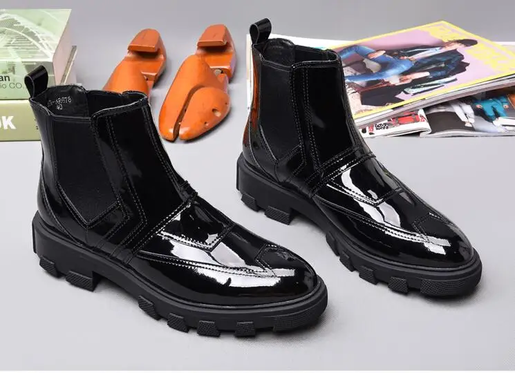 Мужские зимние ботинки; Мужская обувь; зимние ботинки; черные лакированные кожаные ботильоны для мужчин; ботинки «Челси» в винтажном стиле; высокие ботильоны