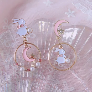 

Princess Sweet Lolita Earrings Dream Girl Lolita Cute Rabbit Cat Earrings Powder Crystal Moon and Star Earrings Accessories