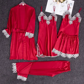 

Women's 5 Pieces Pajamas Sets Emulation Silk Striped Pyjama Women Sleepwear Sets Spring Summer Homewear pyjamas women