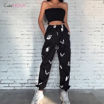 

CuteNOVA Pants Women Gothic Butterful Printed Harajuku Long Trouser Casual Streetwear 2020 Drawstring Elastic Waist Loose Female
