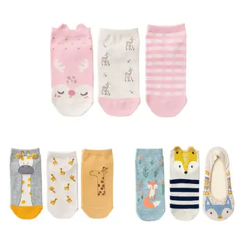 

3 Pair Women Low Cut Cotton Boat Socks Cartoon Deer Giraffe Animal Short Hosiery F3MD