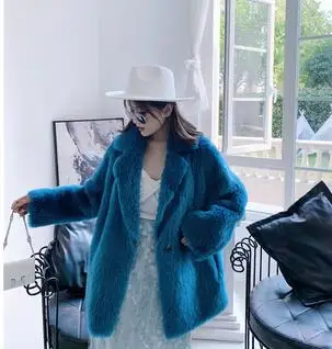 blue Новинка ЗИМЫ, шерстяная куртка с мехом, Женское пальто из натурального меха ягненка, Короткие пальто из овчины, женская теплая верхняя одежда с капюшоном R162 - Цвет: blue