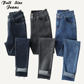 

Plus Size Button Up Tassel Hem Black Gray Pencil Jeans For Women 3Xl 4Xl Spring Summer Basic Casual Stretch Skinny Denim Pants