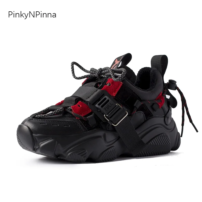 

women winter black sneakers plush lining warm outdoor hiking genuine leather mesh upper thick platform casual shoes plus size
