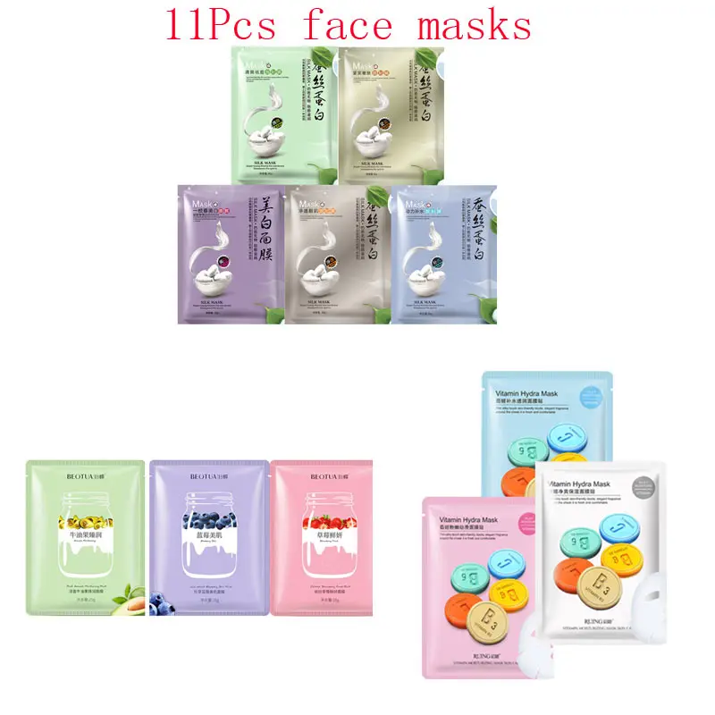 

11Pcs mixed Silk protein fruit Butterscotch vitamin Face Mask extraction Moisturizing Anti-Aging Facial Masks korean care skin