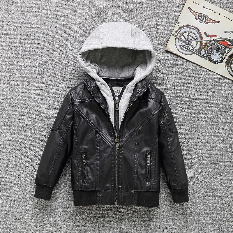 New Leather Boy Jacket Hooded Baby Jacket Kids Coats Autumn Winter