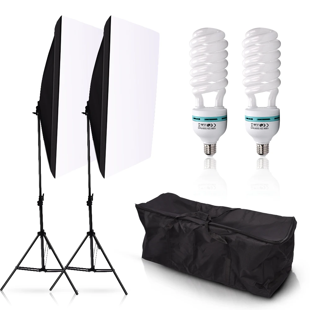 

Photography Softbox Lightbox Kit 50*70cm Softbox 2PCS 135W Bulb Photo Studio Camera Lighting Equipment Light Stand Carry Bag
