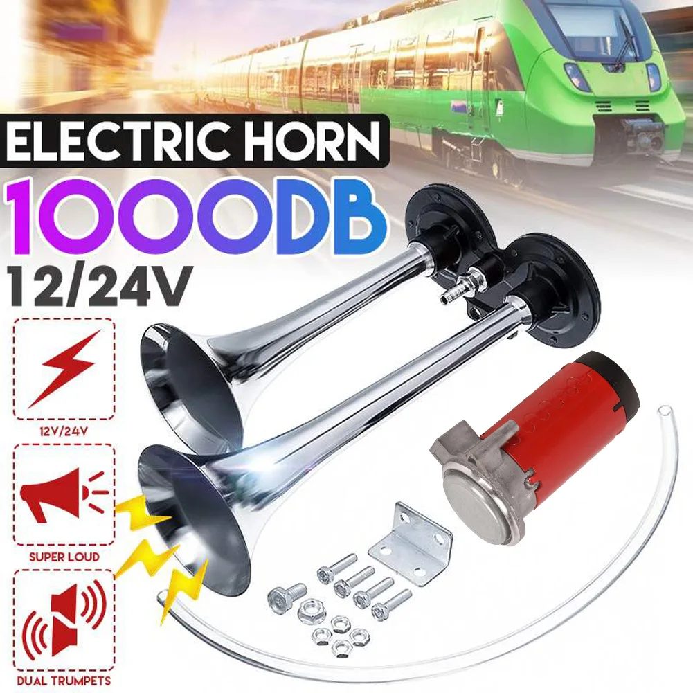 1000DB Dual Electric Horn 12V 24V Super Loud Dual Tone Car Air Horn Set Trumpet Compressor for Motorcycle Car Boat Truck Vehicle