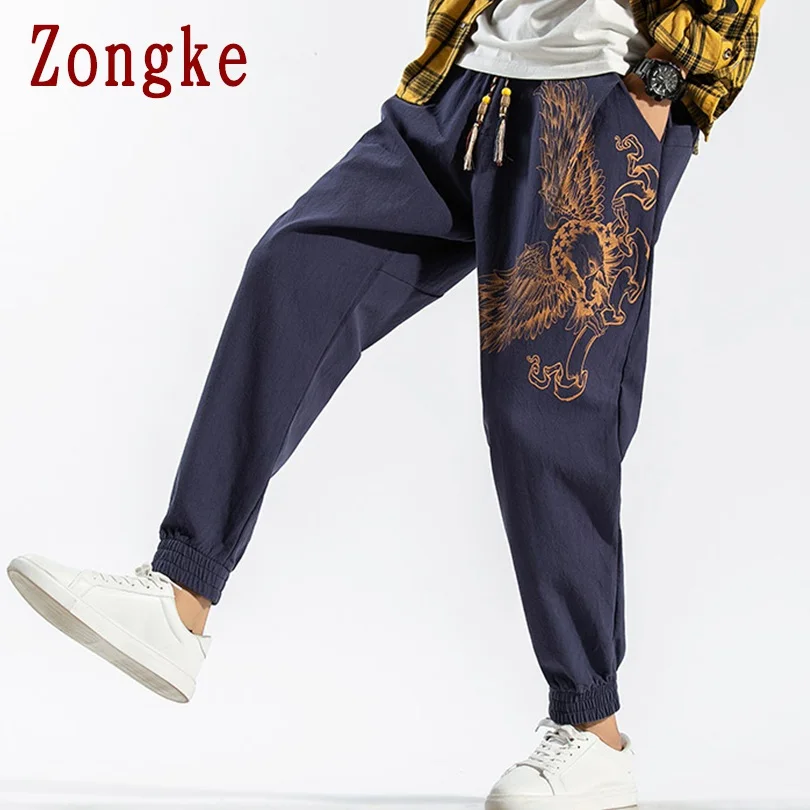 Zongke брюки с принтом орла, мужские брюки для бега, мужские брюки, уличная одежда, спортивные штаны, шаровары, мужские брюки, 5XL, осень, новинка