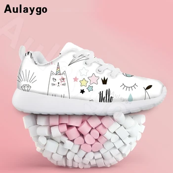 

Aulaygo Children Mesh Casual Shoes Girls Sneakers Sport Footwear Painted Cat Unicorn Print Kids Cute Students Comfortable Flat