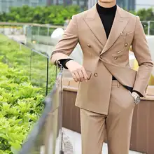 Men's Suits & Blazers British Double Breasted Formal Suit Men Black Smoking Homme Fashion Groom Slim Fit Business Tuxedos