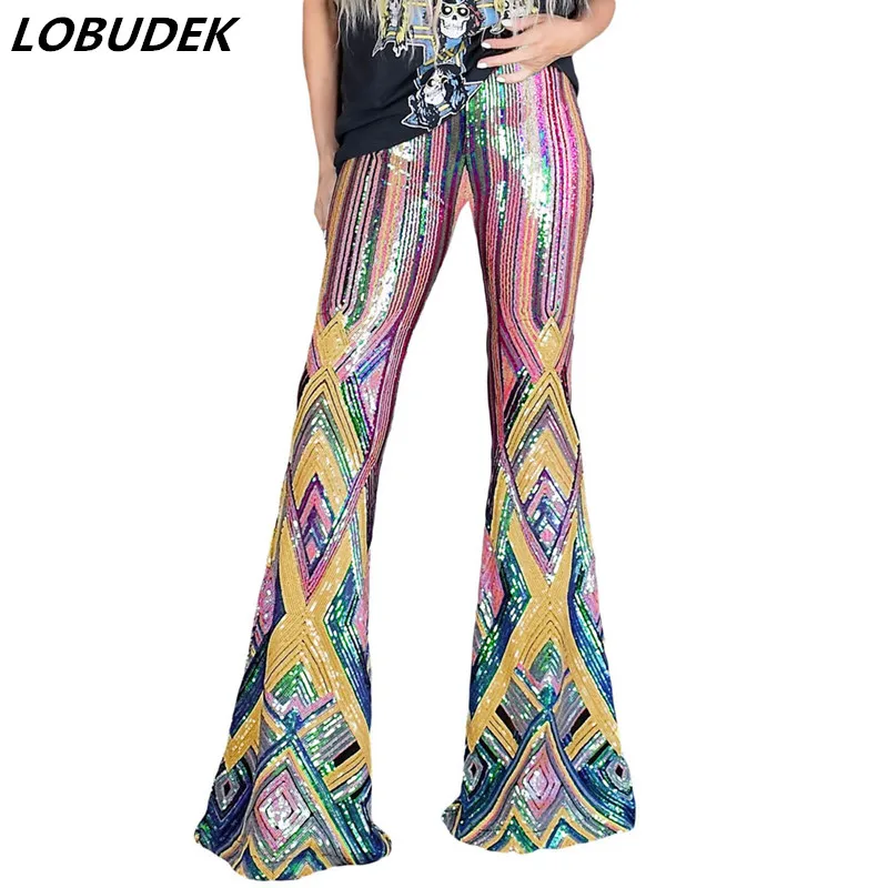 

Female Multi-color Geometric Sequins Flared Pants Elastic High Waist Casual Long Pants Singer Stage Performance Sequin Trousers