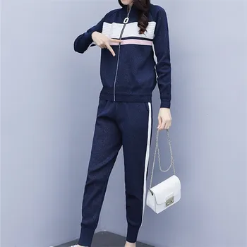 

CBAFU vitnage women tracksuit knitted 2 piece set long sleeve knitted jacket sweater cardigans pants suit trousers set knit P664