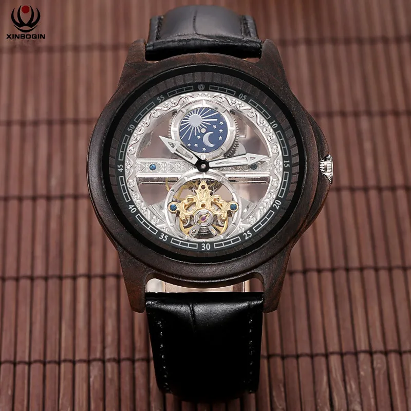 Крутые прозрачные турбийон часы Мужские механические часы с автоматическим заводом стальные миланские наручные часы водонепроницаемые Montre Moon Phase - Цвет: Wood Black
