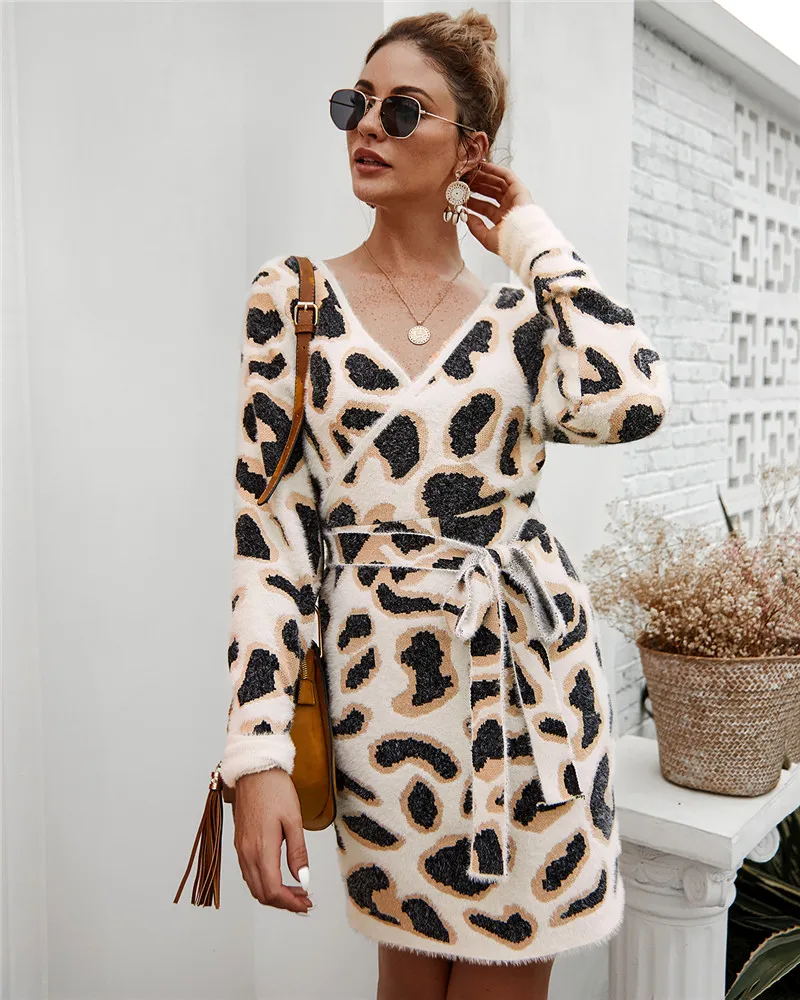 

Leopard Long Sleeve Short Sweater Dress Women Sexy Wrap V-Neck Backless Autumn Winter Cashmere Knitted Dresses With Bow Belt