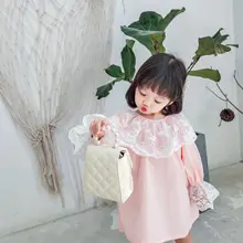 Весенние модные платья принцессы с кружевным воротником для девочек милое платье с длинными рукавами и кружевными рукавами для маленьких девочек